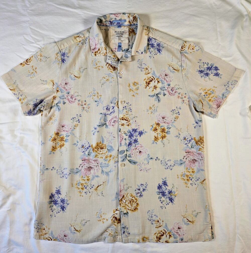 Porter and Ash Linen Blend Shirt Medium Button Up Short Sleeve Floral Lightweigh